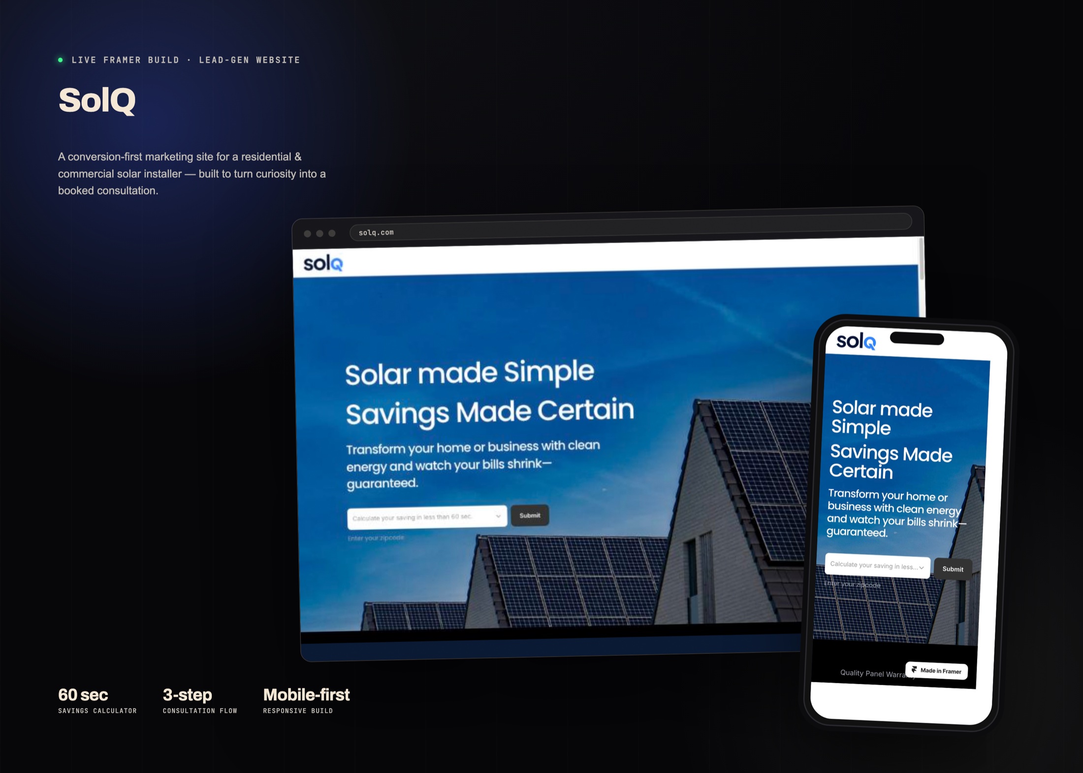 SolQ solar lead-generation website shown in browser and phone mockups